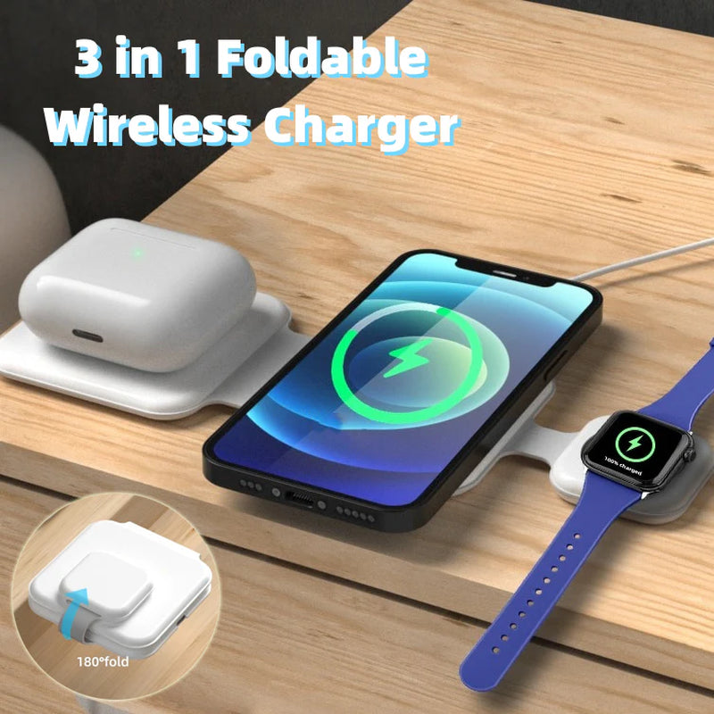 3-In-1 Foldable Magnetic Wireless Charging Dock Multi-Device Phone Charger Station Tech Accessory