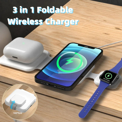 3-In-1 Foldable Magnetic Wireless Charging Dock Multi-Device Phone Charger Station Tech Accessory