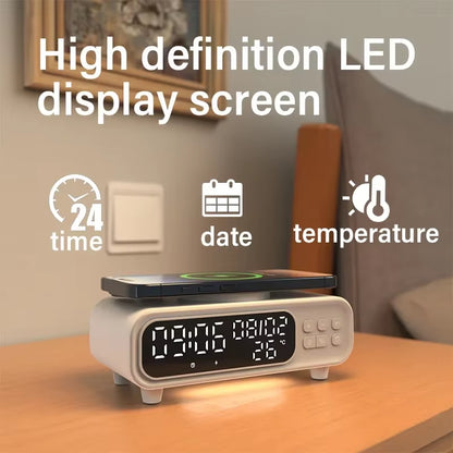 Time Alarm Clock Desk Bedroom LED Night Light Thermometer Earphone Phone Wireless Chargers Fast Charging Dock Station for Iphone