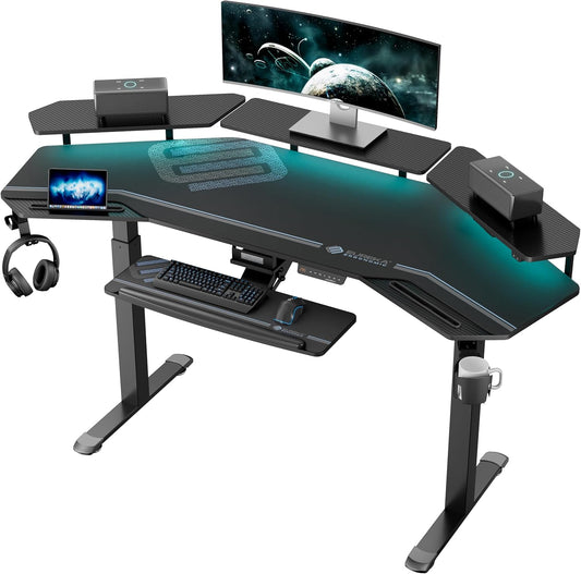 Gaming Desk, Standing Desk W Keyboard Tray, 72" Wing Shaped Music Studio Table with LED Shelves, Gaming Recording Live Stream, Slot Design